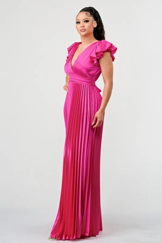 Ruffle Sleeve Pleated Satin Maxi Dress