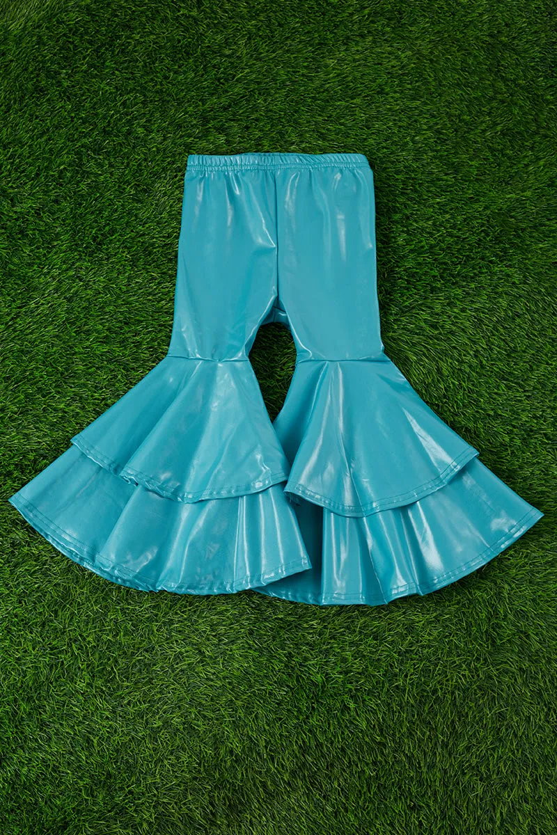 Teal blue faux leather double layer bell pants. PNG65153004 SOL