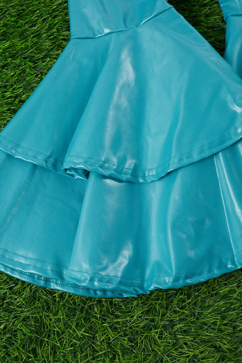 Teal blue faux leather double layer bell pants. PNG65153004 SOL
