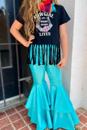 Teal blue faux leather double layer bell pants. PNG65153004 SOL
