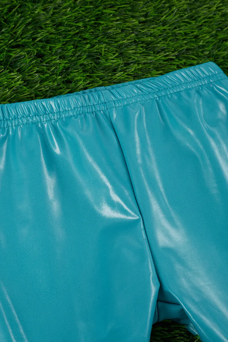 Teal blue faux leather double layer bell pants. PNG65153004 SOL