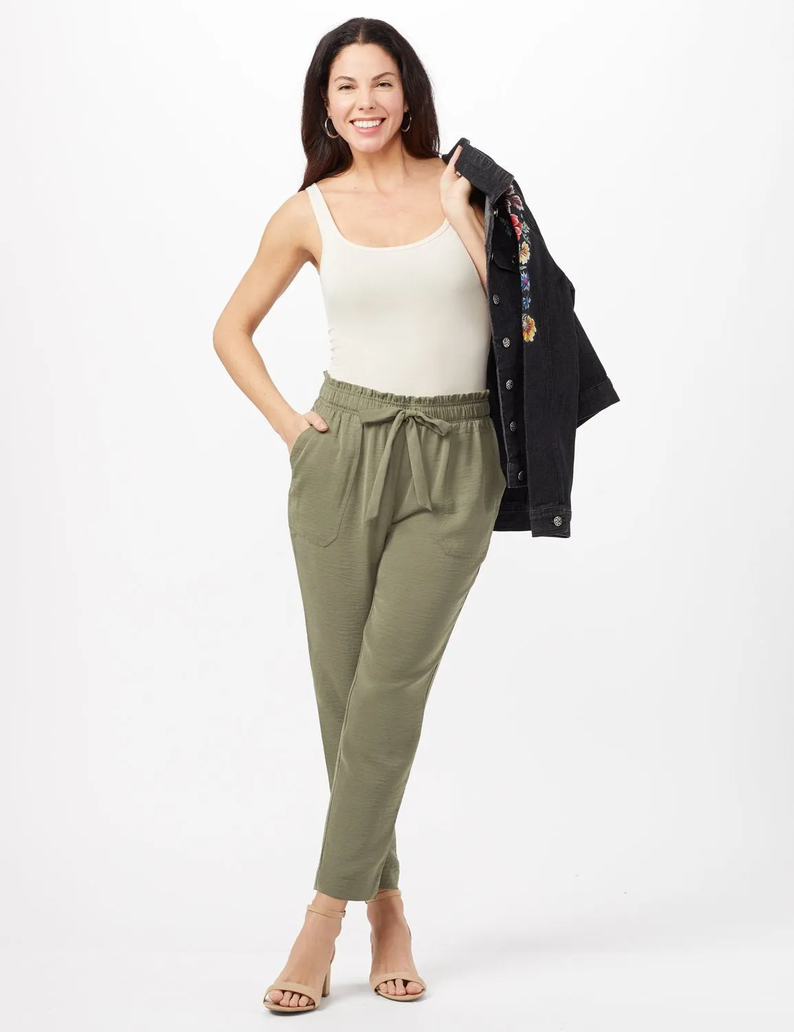 Texture Ankle Pants with Tie Waist