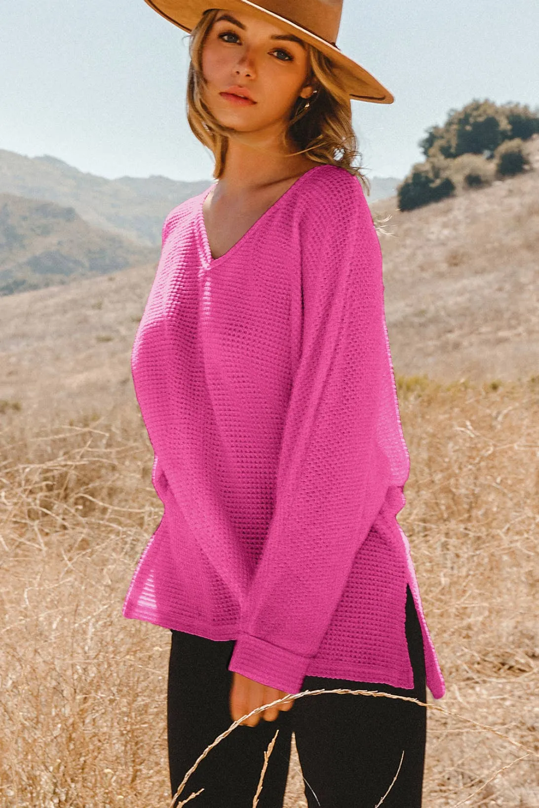 Waffle Knit Side Slits Loose Fit Top Blouse