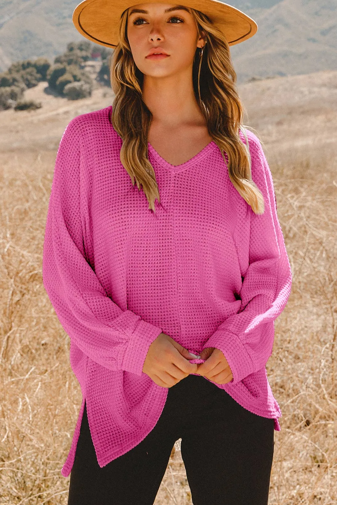 Waffle Knit Side Slits Loose Fit Top Blouse