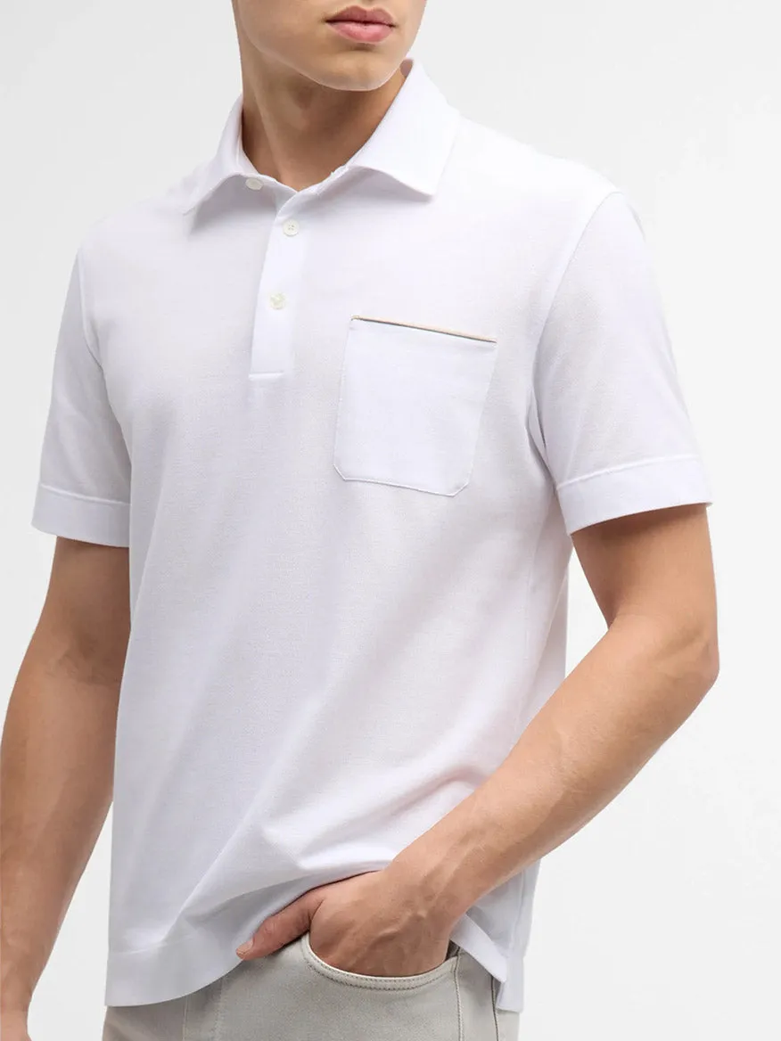 Zegna Polo Pure Cotton Piqué with Leather Trim Pocket in White
