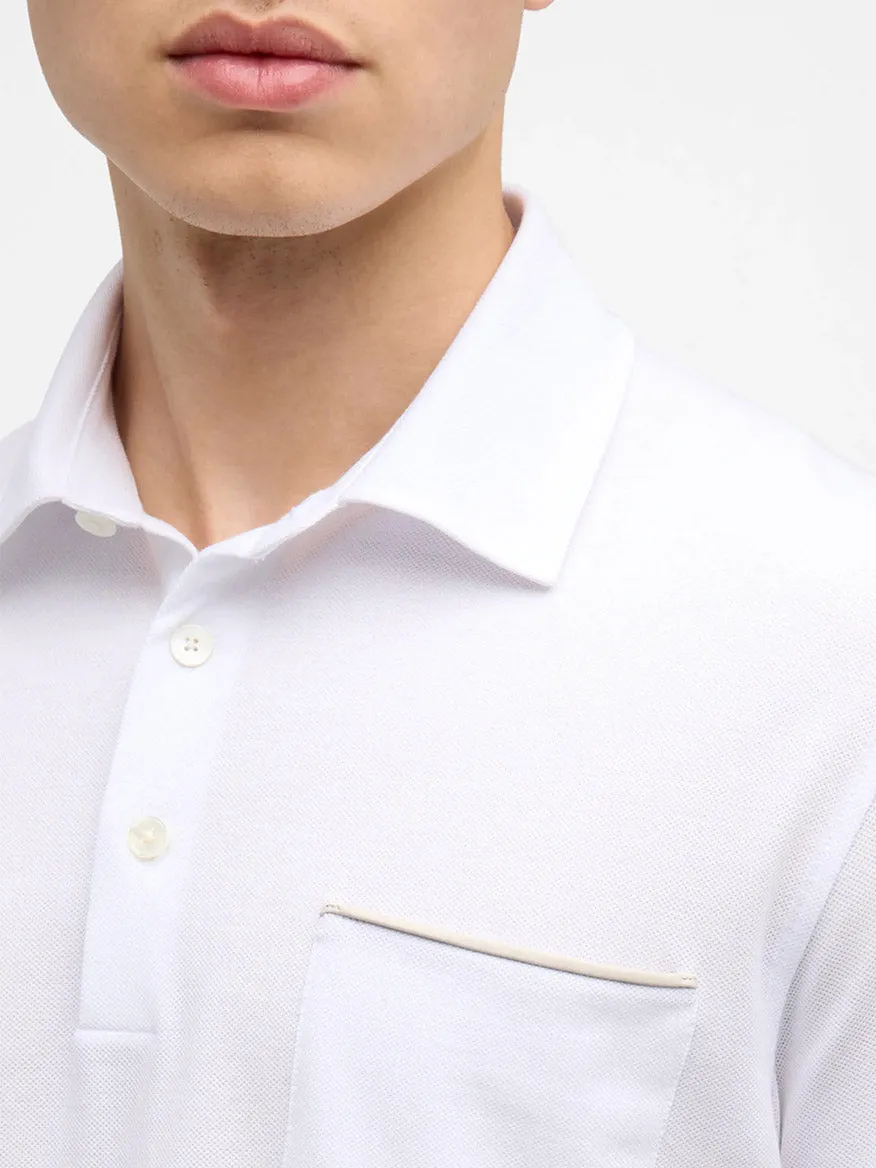 Zegna Polo Pure Cotton Piqué with Leather Trim Pocket in White