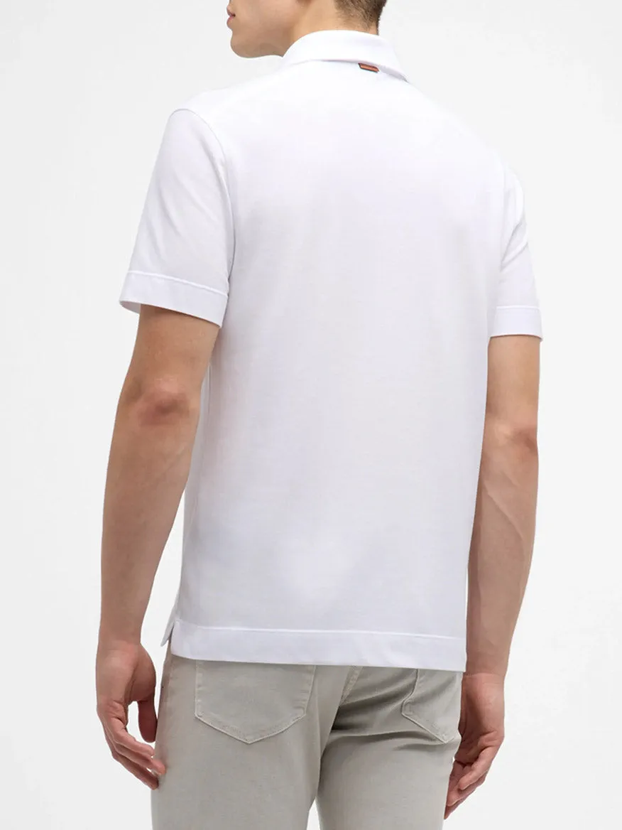 Zegna Polo Pure Cotton Piqué with Leather Trim Pocket in White